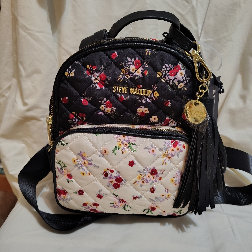 Steve Madden Black and White Floral Backpac with Charm ,Tassel & Pillow